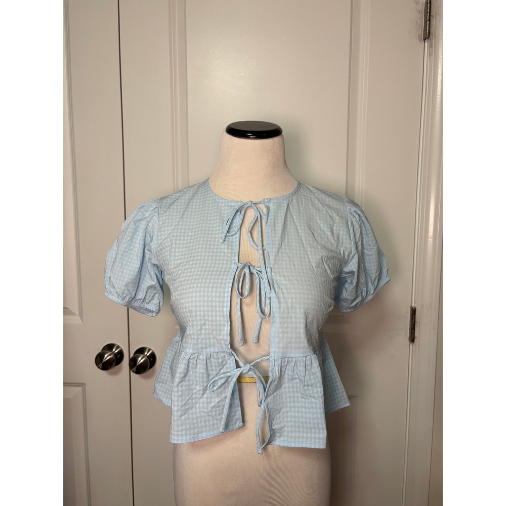 Wild Fable light Blue Gingham Tie Front Peplum Puff Sleeve Top XXS Cottagecore